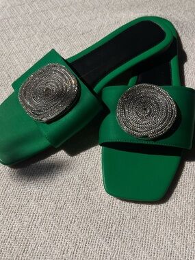Green Slide Sandals with Silver Crystal Embellishment